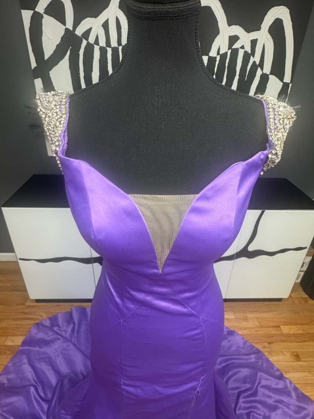 Rachel Allan Purple Satin Mermaid Gown Size 2 Pearl Strap Train Prom Dress - Picture 3 of 9